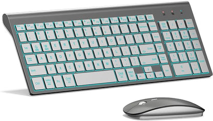 Wireless Backlit Keyboard and Mouse Ultra Slim Combo, TopMate 2.4G Silent Compact 2400DPI Mouse and Scissor Switch Keyboard Set, Batteries Included, for PC/Laptop/Windows/Mac/Gaming - BL Gray Silver