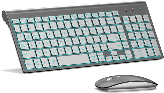 Wireless Backlit Keyboard and Mouse Ultra Slim Combo, TopMate 2.4G Silent Compact 2400DPI Mouse and Scissor Switch Keyboard Set, Batteries Included, for PC/Laptop/Windows/Mac/Gaming - BL Gray Silver