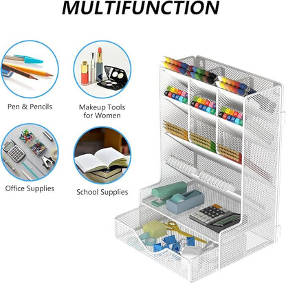 BOHDK Pen Organizer for Desk, Multi-Functional Desk Organizer, Wall Mount Pen Holder with Drawer for School, Office, Home, Art Supplies, White