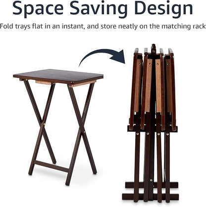 Amazon Basics Portable Foldable TV Tray Table with Storage Rack, Space-Saving Design, Sturdy Wood, 14.6"L x 19"W x 26"H, Espresso, 4-Pack