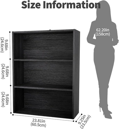 Sweetcrispy Industrial 3 Shelf Bookcase - Large 31.5 Inch Tall Floor Standing Open Bookshelf for Home Office, Living Room, and Bedroom Storage, Classic Black