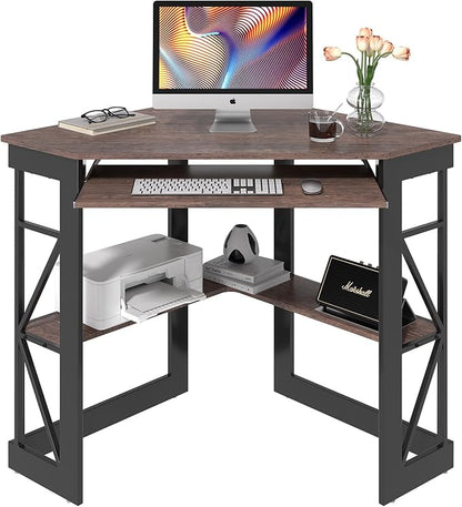 VECELO Corner Desk Computer Desk Writing Table with Smooth Keyboard Tray & Storage Shelves,Compact Home Office Triangle Table,Rustic Brown