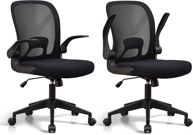 IPKIG Foldable Office Chair for Small Spaces | Home Office Folding Desk Chairs with Wheels and Flip Up Arms | Ergonomic Mesh Computer Chair for Adults & Kids(2PCS Black)