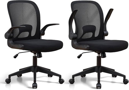 IPKIG Foldable Office Chair for Small Spaces | Home Office Folding Desk Chairs with Wheels and Flip Up Arms | Ergonomic Mesh Computer Chair for Adults & Kids(2PCS Black)