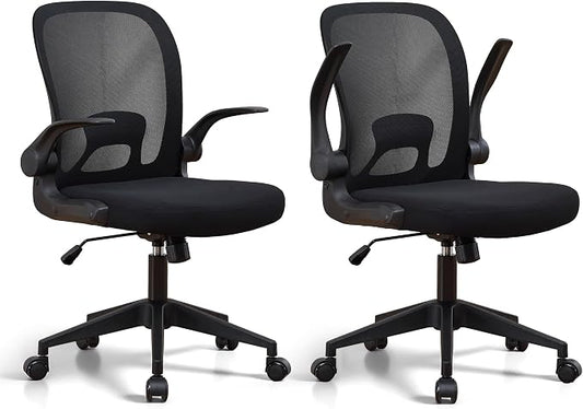 IPKIG Foldable Office Chair for Small Spaces | Home Office Folding Desk Chairs with Wheels and Flip Up Arms | Ergonomic Mesh Computer Chair for Adults & Kids(2PCS Black)