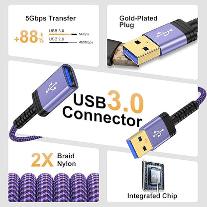 USB Extension Cable,10FT USB3.0 Extender USBA Extension Cord USB Male to Female 5Gbps Fast Data Transfer for PC,Computer,Flash Drive,Keyboard,Mouse,Hard Drive,Printer,Webcam,Headset,USB Hubs,Camera