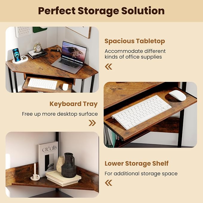 GOFLAME Corner Desk, Triangle Computer Desk with Keyboard Tray & Storage Shelf, Home Office Desk with Built-in Power Outlet, Industrial Writing Desk, Heavy-duty Space-saving PC Laptop Desk Workstation