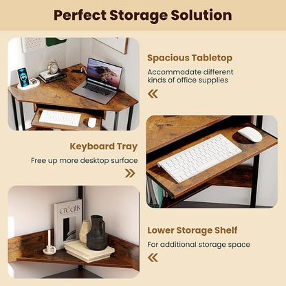 GOFLAME Corner Desk, Triangle Computer Desk with Keyboard Tray & Storage Shelf, Home Office Desk with Built-in Power Outlet, Industrial Writing Desk, Heavy-duty Space-saving PC Laptop Desk Workstation