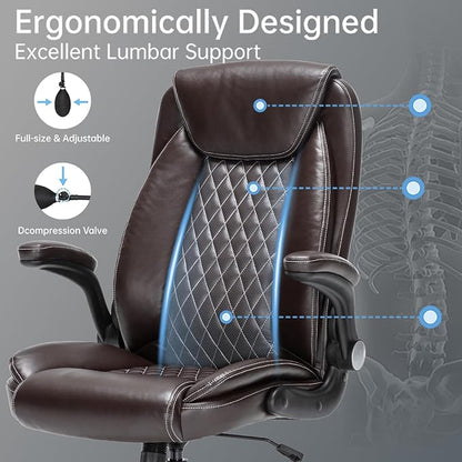 Heavy-Duty Executive Office Chair with Ergonomic Design, 300LBS PU Leather Chair with Adjustable Lumbar Support, 360° Swivel, Reclining Backrest, and Flip-Up Armrests for Big and Tall People(Brown)