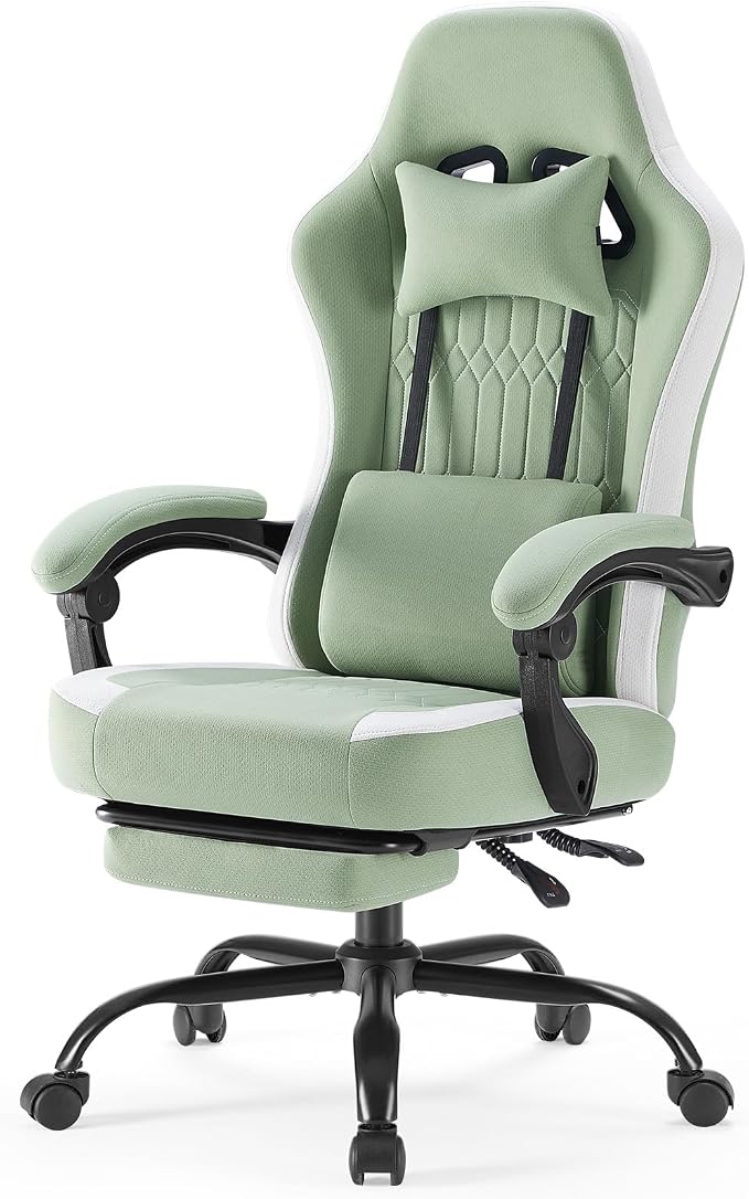 Computer Gaming Chair - High Back Ergonomic Desk Chair with Footrest and Lumbar Support, Height Adjustable Task Chair with Linkage Armrests and Headrest, 360° Swivel Wheels, Green