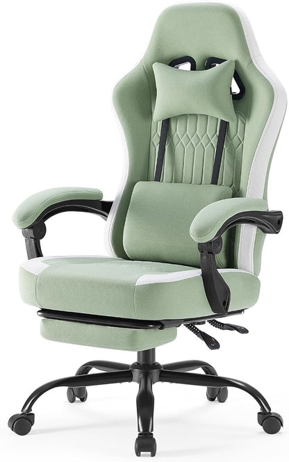 Computer Gaming Chair - High Back Ergonomic Desk Chair with Footrest and Lumbar Support, Height Adjustable Task Chair with Linkage Armrests and Headrest, 360° Swivel Wheels, Green