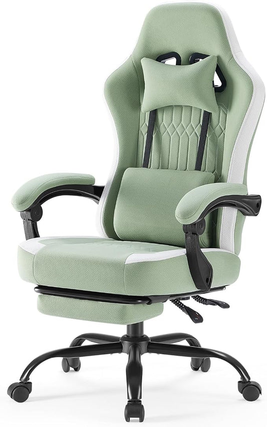 Computer Gaming Chair - High Back Ergonomic Desk Chair with Footrest and Lumbar Support, Height Adjustable Task Chair with Linkage Armrests and Headrest, 360° Swivel Wheels, Green