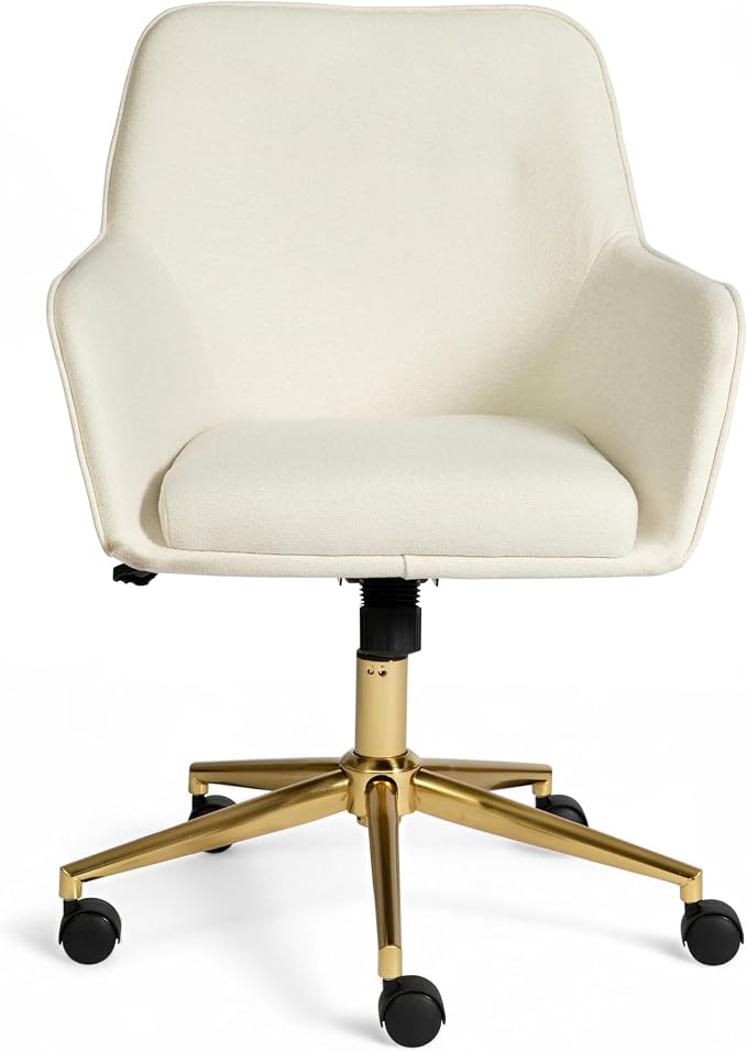 Martha Stewart Rayna Swivel Task Chair with Flared Arms for Home Office in Off White Fabric with Polished Brass Frame