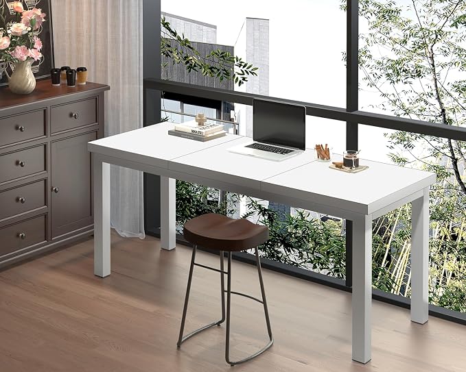 55 Inch Wooden Computer Desk with Thick Desktop - Gaming, Writing Table for Home Office, Study, Work, Student & School Use, Simple Style, White