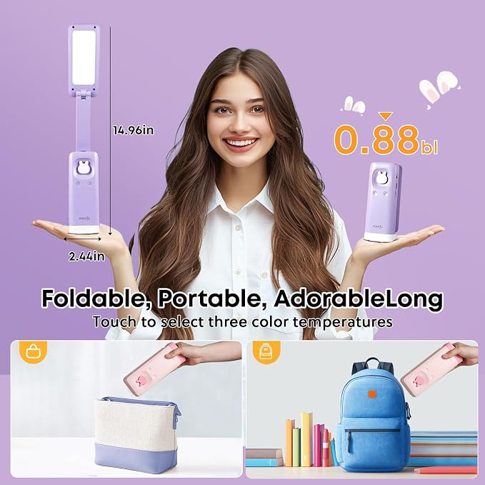 VAVOFO Cute Bunny Desk Lamp, Foldable LED Rechargeable Table Light, Eye-Caring Reading Lamp, 3 Color Modes & Dimmable, for Kids Girls Bedroom Study Dorm Room（Purple）