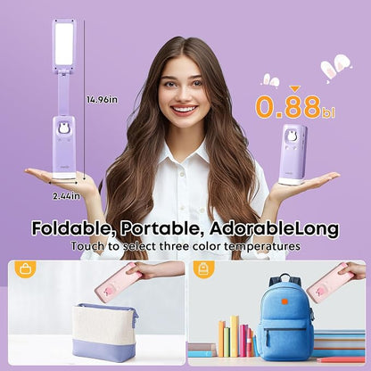 VAVOFO Cute Bunny Desk Lamp, Foldable LED Rechargeable Table Light, Eye-Caring Reading Lamp, 3 Color Modes & Dimmable, for Kids Girls Bedroom Study Dorm Room（Purple）