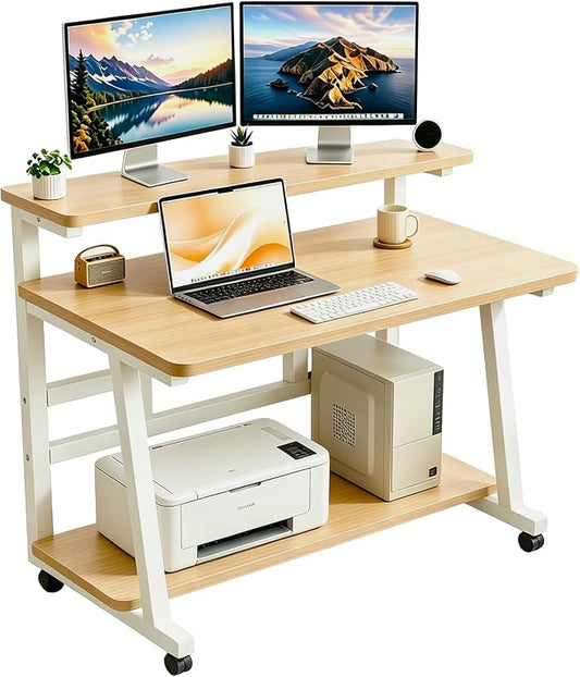 31.5 Inch Compact Rolling Computer Desk with Tier Worktable & Lockable Wheels, Small Computer Desk, Small Desk for Bedroom, Mobile Writing Workstation Easy Assembly for Home Office Small Spaces