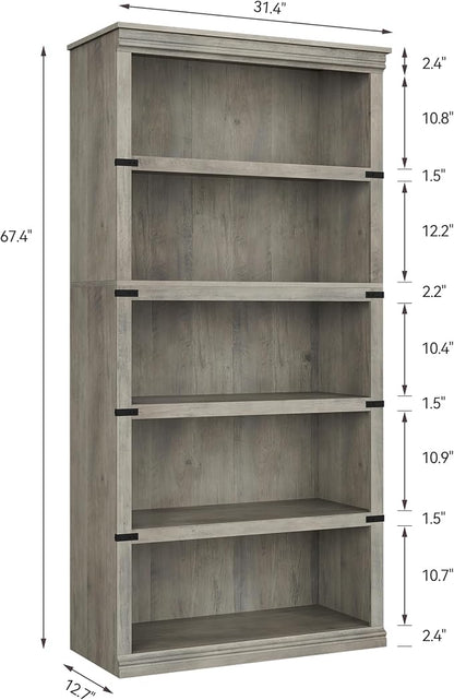 GarveeHome 5 Tier Farmhouse Bookcase, 67.4" Tall Book Shelf with Storage, Wooden Bookshelves 5 Shelf Display Shelves for Home Office(67.4" H x 31.5" W x 12.8" D) (Grey, 67.4" H x 31.5" W x 12.8" D)