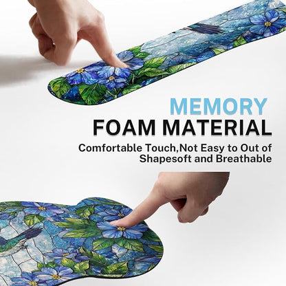 Britimes Floral Hummingbird Botanical Keyboard Mouse Pad Set Blue Nature 4in1 Large Mousepad+Keyboard Wrist Rest+Mouse Wrist Rest+Coaster Ergonomic Design for Home Office Computer 35.4x15.7 inches