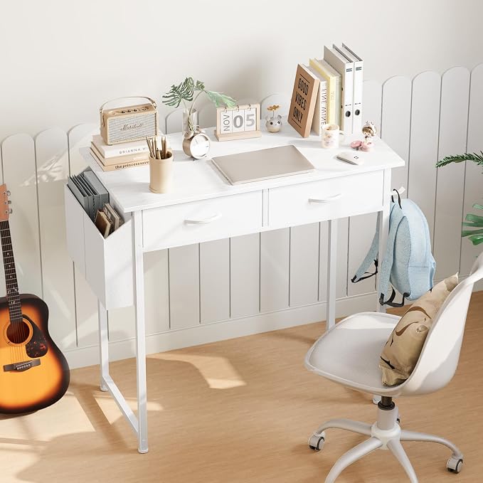 Sweetcrispy 32 Inch Small Computer Desk with Fabric Drawers for Bedroom Home Office, Writing Gaming Desks Study PC Table with Side Bag and Headphone Hook, White