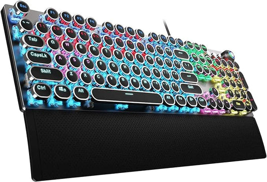 AULA F2088 Typewriter Style Mechanical Gaming Keyboard Wired,Blue Switches,Rainbow LED Backlit,Removable Wrist Rest,Media Control Knob,Retro Punk Round Keycaps,USB Wired Computer Keyboard
