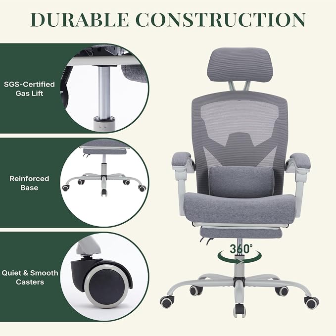 Ergonomic Office Chair with Footrest, High Back Home Desk Computer Chair with Lumbar Support & Headrest, 90-135° Reclining Mesh Back with Wheels for Work, Gaming, Grey