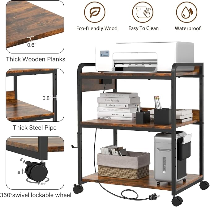 Livofloral 3 Tier Large Printer Stand with Wheels, 25.2 x 18.9 Inch Printer Stand with Power Outlet USB Port, Printer Table with Adjustable Storage Shelf for Home Office, Rustic Brown