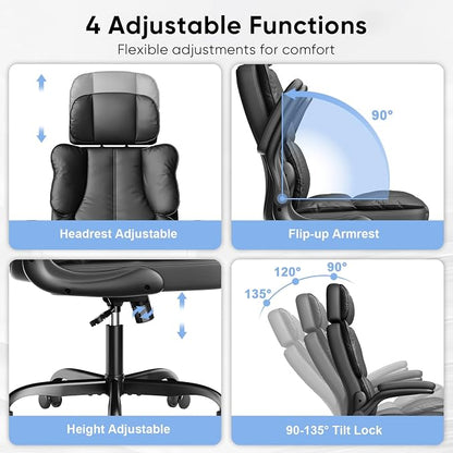 Kensaker Office Chair with Adjustable Headrest & Lumbar Support for for Lower Back Pain Relief, Executive PU Leather Chairs Comfy with Double Padding & 135° Rocking for Home Office, Black
