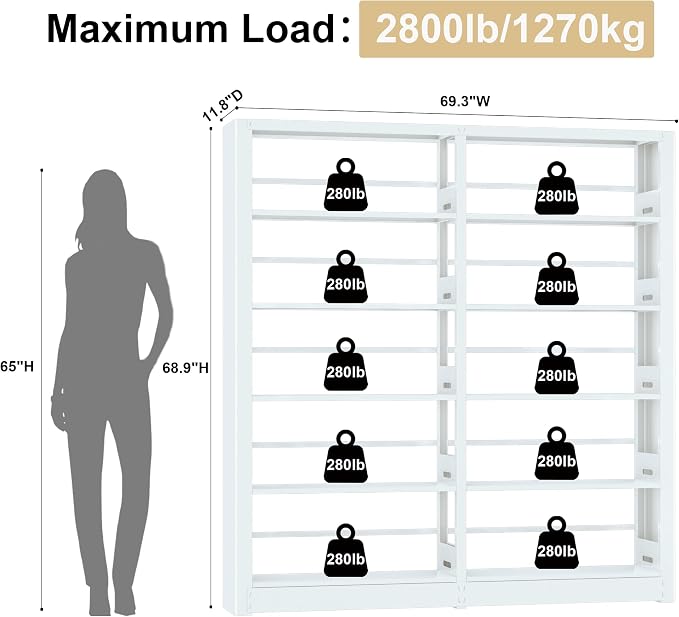 VASAAOSD Bookshelf, Heavy Duty Metal Book Shelf, Tall White Bookshelves with Adjustable Shelves, 280lbs Shelf Capacity, Large Office Bookcase, Display Book Organizer for Living Room Library - 1+1 Set