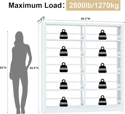 VASAAOSD Bookshelf, Heavy Duty Metal Book Shelf, Tall White Bookshelves with Adjustable Shelves, 280lbs Shelf Capacity, Large Office Bookcase, Display Book Organizer for Living Room Library - 1+1 Set