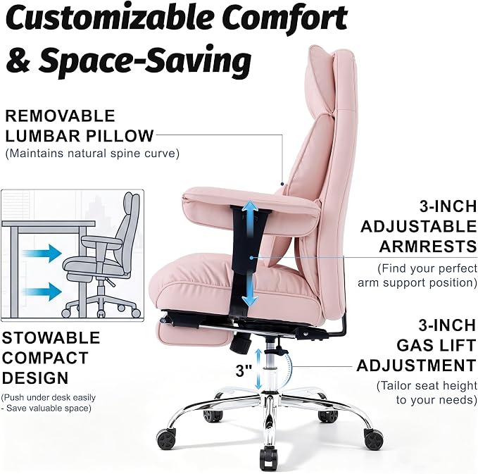 Efomao Executive Office Chair 400lbs,Pink Big and Tall Desk Chair | Mattress-grade pocket spring cushion, sleek leather, 135° recline & footrest for computer gaming setup.