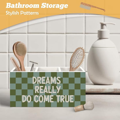 Inspirational Pen Holder Organizer for Desk Accessories, Motivational Gifts for Women, Dreams Really Do Come True Retro Green Checkered Wooden Box Sign Desk Decorations for Home Office Decor