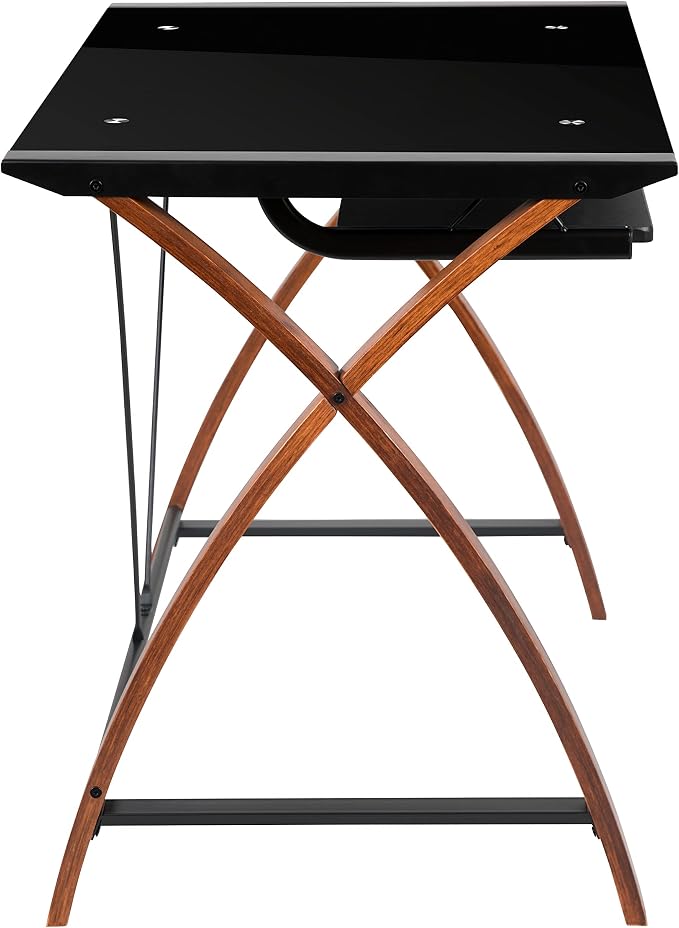 EMMA + OLIVER Black Glass Computer Desk with Pull-Out Keyboard Tray and Crisscross Frame