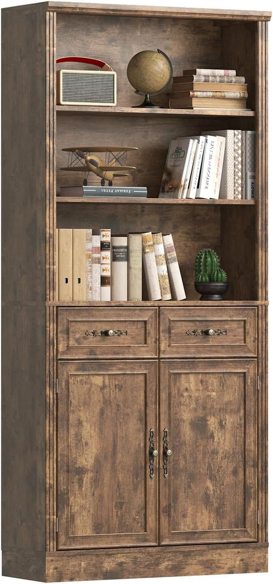 Thacuok 72'' Tall Bookcase with Doors and Drawers, Adjustable Shelves, P2 MDF Construction, 32'' Wide Freestanding Cabinet with Metal Handles, Hidden Storage for Living Room, Bedroom