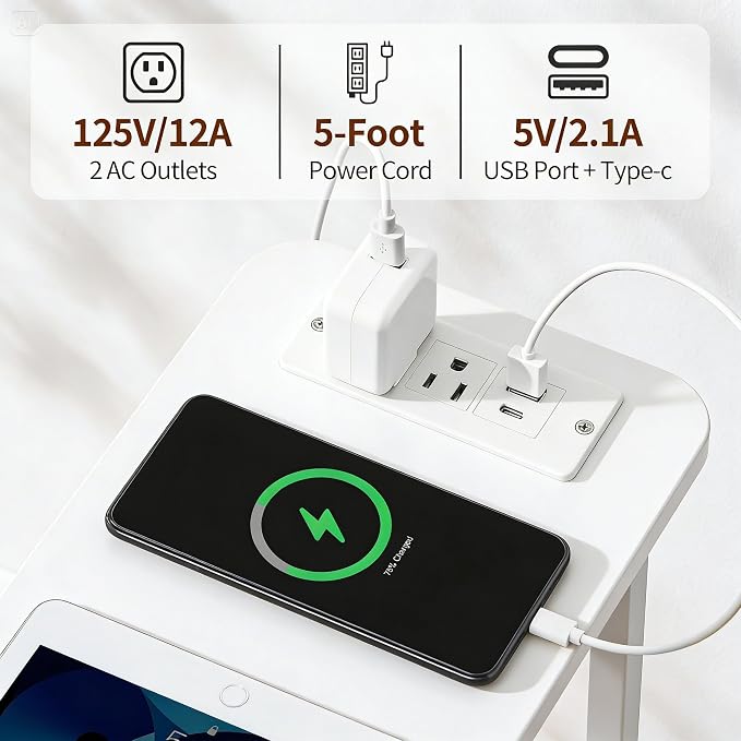 DALEMHOME Narrow End Table with Charging Station, Narrow Side Table with Drawer, Small Nightstand with LED Light, Skinny Nightstand, Small Bedside Table for Living Room, Bedroom, Couch, White