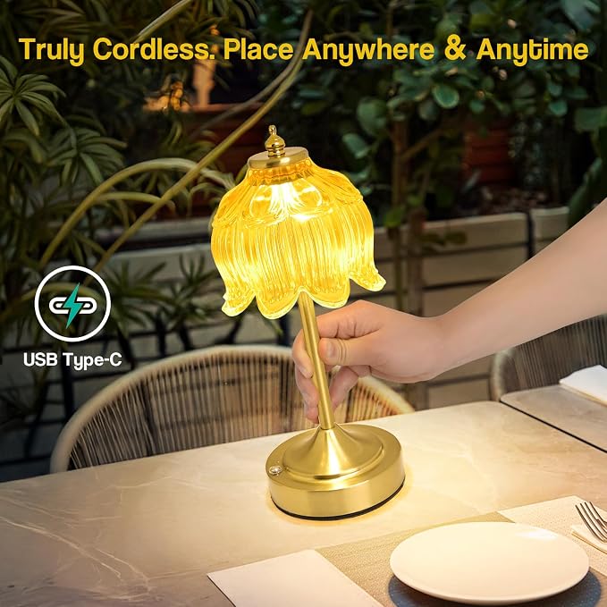 Cordless Lotus Flower Table Lamp, 5200mAh Rechargeable Battery Operated Portable Lamp, 3-Color Dimmable Touch Control Small Desk Lamp for Bedroom, Office, Kitchen, Nightstand,Room Decor (Yellow)