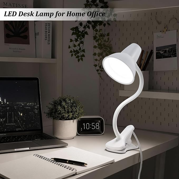 Clip On Led Desk Lamp, Flexible Gooseneck, Eye-Caring 4.5W Energy-Saving Study Lamps, Anti-tip Bedside Reading Light, Desk Lamps for College Dorm Room, Home Office, Modern Lamp with 1.6m Cord, White