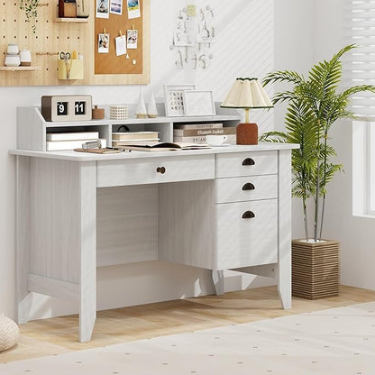 48" Computer Desk with 4 Storage Drawers and Hutch Wood Executive Table for PC Laptop