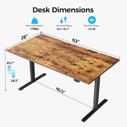 Agilestic Electric Standing Desk, 63 x 28 Inches Height Adjustable Desk, Sit Stand up for Work Office Home, Ergonomic Rising Computer Table with Memory Preset, Rustic Brown