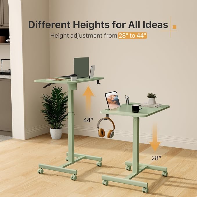 Mobile Standing Desk, 28 inch Rolling Laptop Cart Adjustable Height with Cup Holder, Portable Table with 4 Lockable Wheels, Green Computer Workstation with Hook and Slots for Home Office