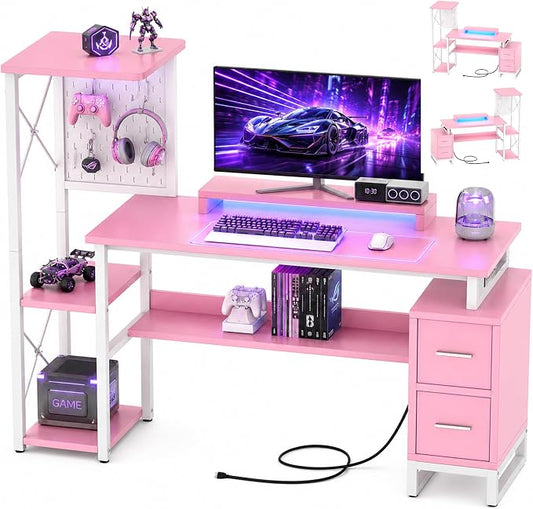 Computer Desk with 2 Fabric Drawers - Reversible Home Office Desk with Power Outlet & LED Lights, 53" Writing Desk with Monitor Stand & Storage Shelves, Gaming Desk Study Table with Pegboard, Pink
