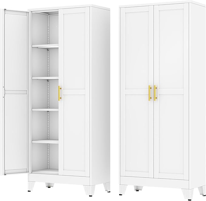 Metal Storage Cabinet with 2 Doors and 4 Adjustable Shelves - 71" Steel File Cabinet,Tool Cabinets for Office,Home,Garage,Gym,School,Bathroom,Kitchen(White)