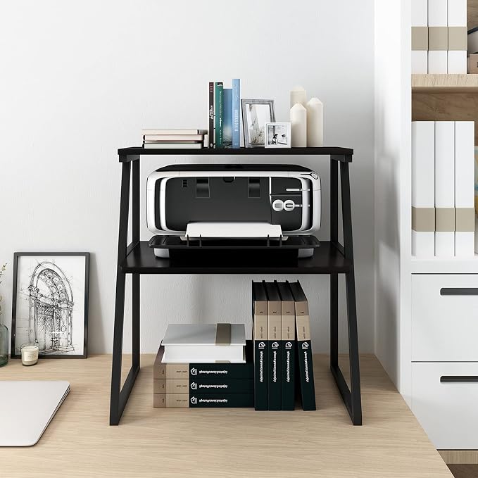 PUNCIA 3 Tier Wood Desktop Printer Stand Large Capacity Storage Rack | Black Heavy Duty Shelf Fits Laser Printers Copiers Fax Machines Books Organizer for Home Office Dorm Room