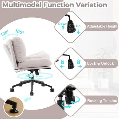 VINGLI Criss Cross Cloud Seat,Comfy Corduroy Cross Legged Office Desk Chair with/no Wheels,Cute Vanity Stool, Adjustable Wide Seat,Modern Swivel Perch for Study, Make Up, Home Office，Light Khaki