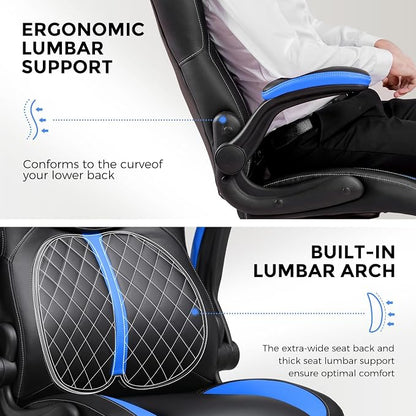 COMHOMA Office Computer Gaming Chair Ergonomic Desk Chair for Adults with Lumbar Support Flip-Up Arms Adjustable Height Swivel Wheels PU Leather Executive Design for Short People Use, Blue