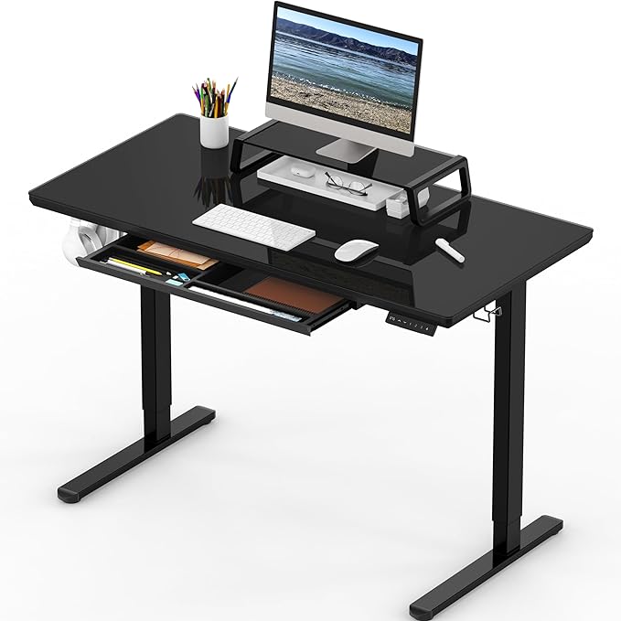SHW 48x24 Glass Electric Height Adjustable Standing Desk – Motorized Sit Stand Desk with Monitor Riser, Pull-Out Drawer, Memory Presets, Black