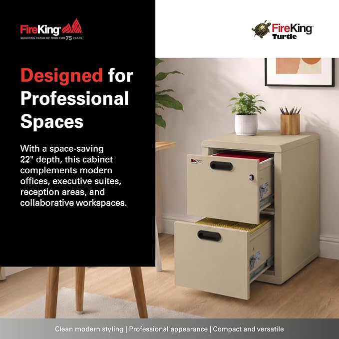 FireKing Turtle Contour - 2 Drawer Fire Safe File Cabinet with Key Lock - 1 Hour Fire Rated, UL Rated & Water Resistant Home Safe - Made in the USA Legal & Letter Filing Cabinet - Parchment