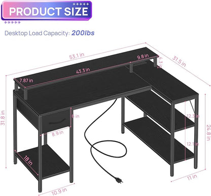 Alpen Corner Desk, 53 Inch L Shaped Desk with USB Charging Port and LED Light, Computer Desk with Storage Shelves & Monitor Stand, Corner Gamer Desk Table for Bedroom, Black