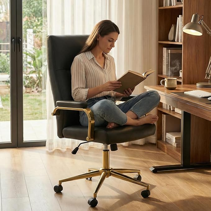 Black and Gold Office Desk Chair Memory Foam, High Back Leather Executive Office Chair with Wheels and Arms for Women Girls Teens Adults