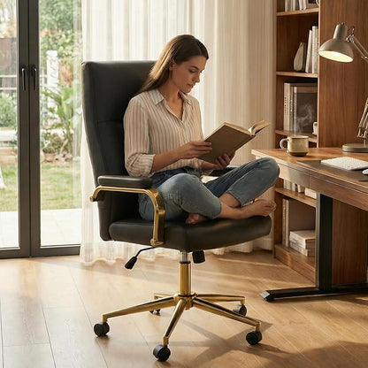 Black and Gold Office Desk Chair Memory Foam, High Back Leather Executive Office Chair with Wheels and Arms for Women Girls Teens Adults